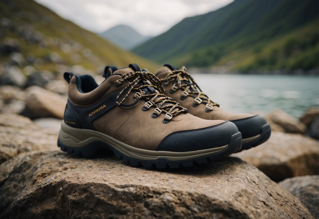 A pair of boating shoes on a rocky terrain, with jagged rocks and rough terrain in the background. The shoes are sturdy and durable, designed for navigating through challenging landscapes