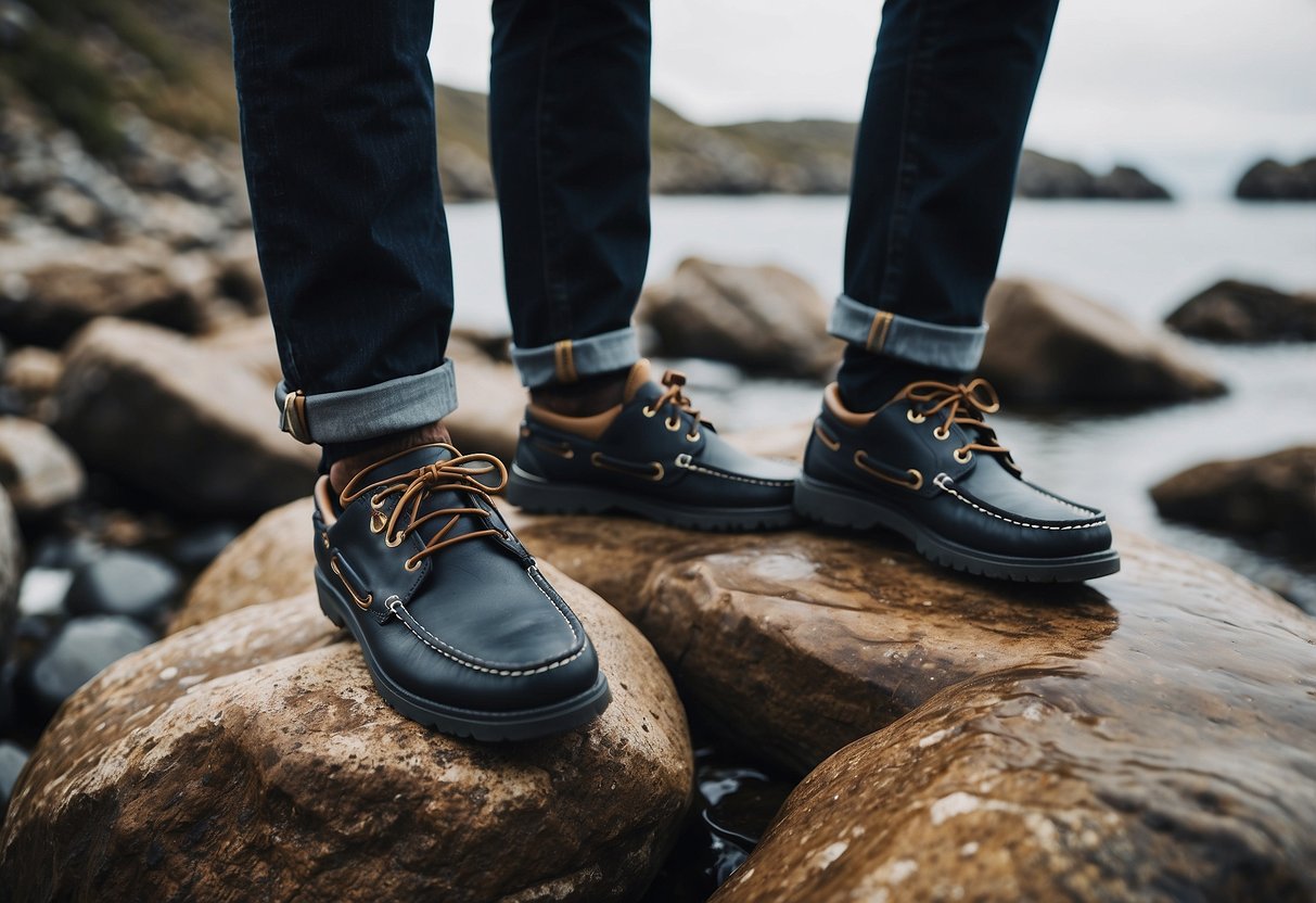 A rocky shoreline with a pair of Sperry Men's Sea Kite Sport Moc shoes navigating the rugged terrain