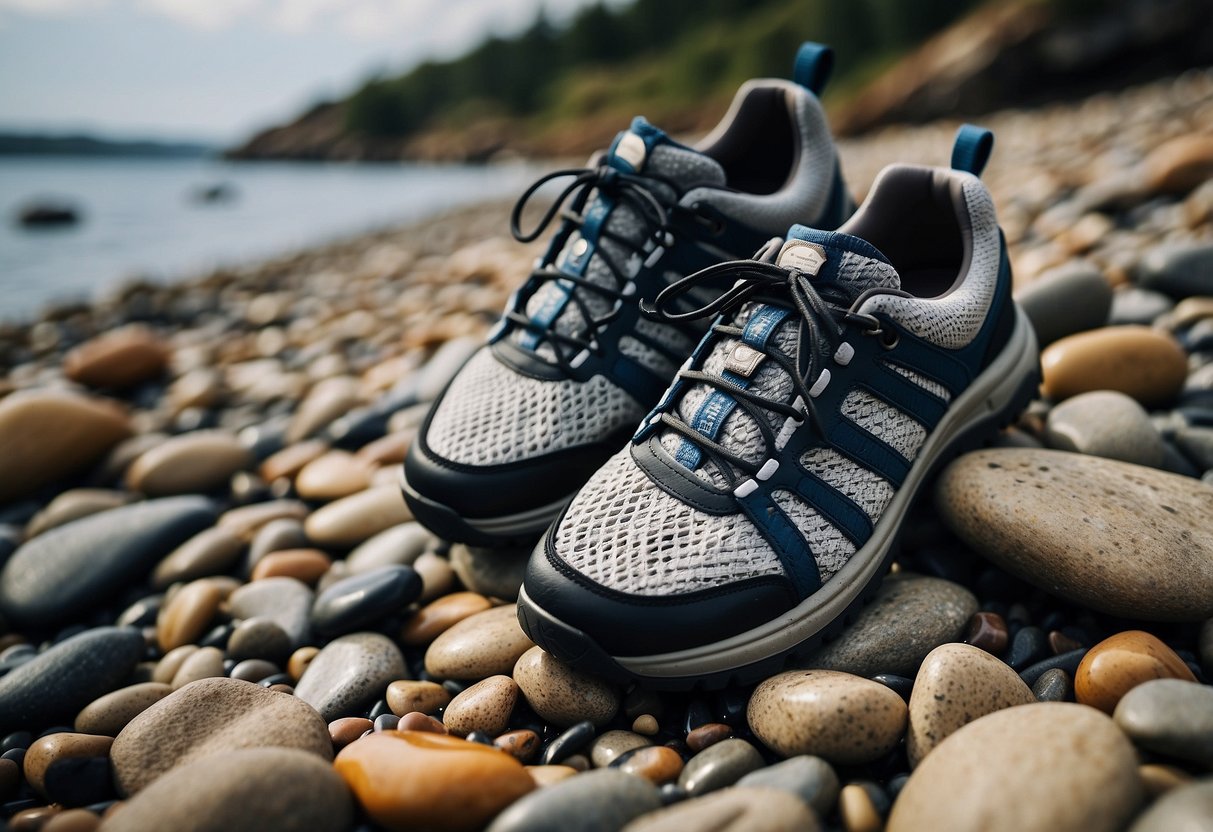 A rocky shoreline with a pair of Columbia Drainmaker IV Water Shoes placed on the ground, surrounded by water and small pebbles