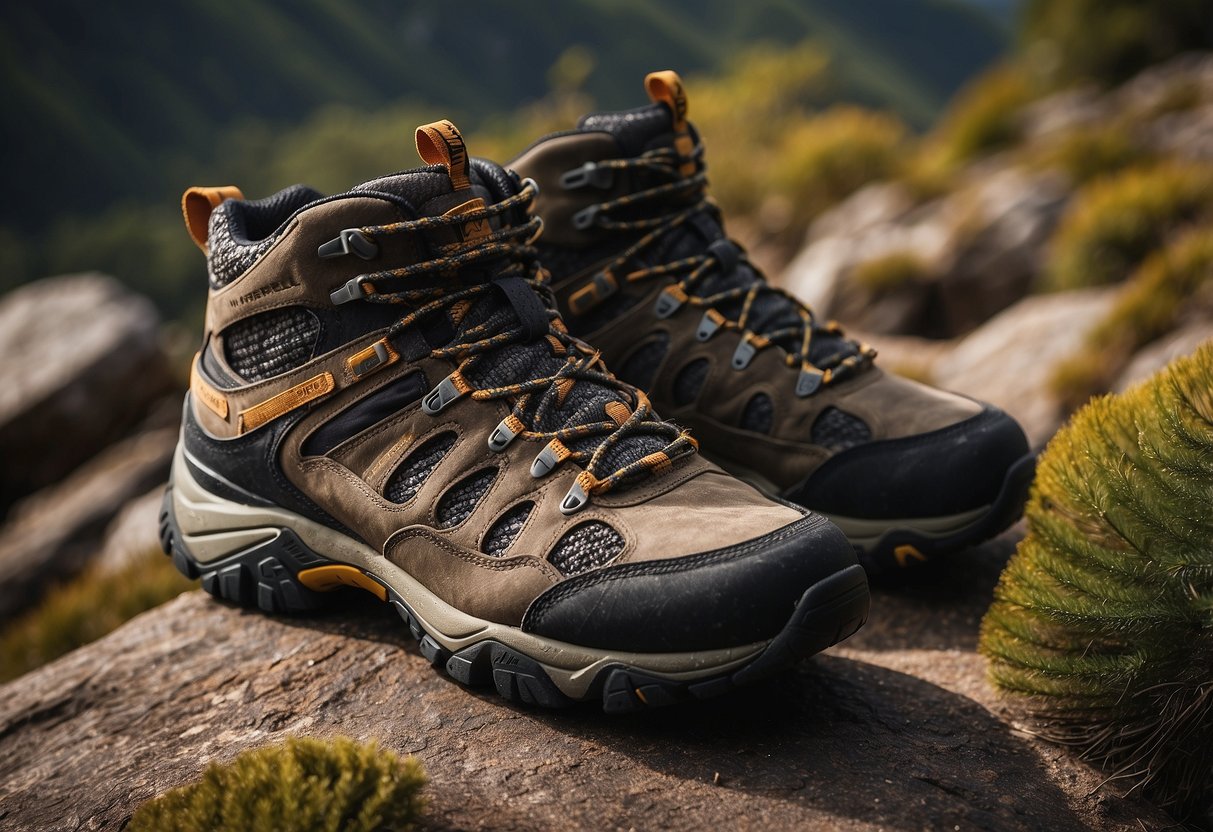 A rugged, rocky terrain with a pair of Merrell All Out Blaze Aero Sport boating shoes standing on uneven ground