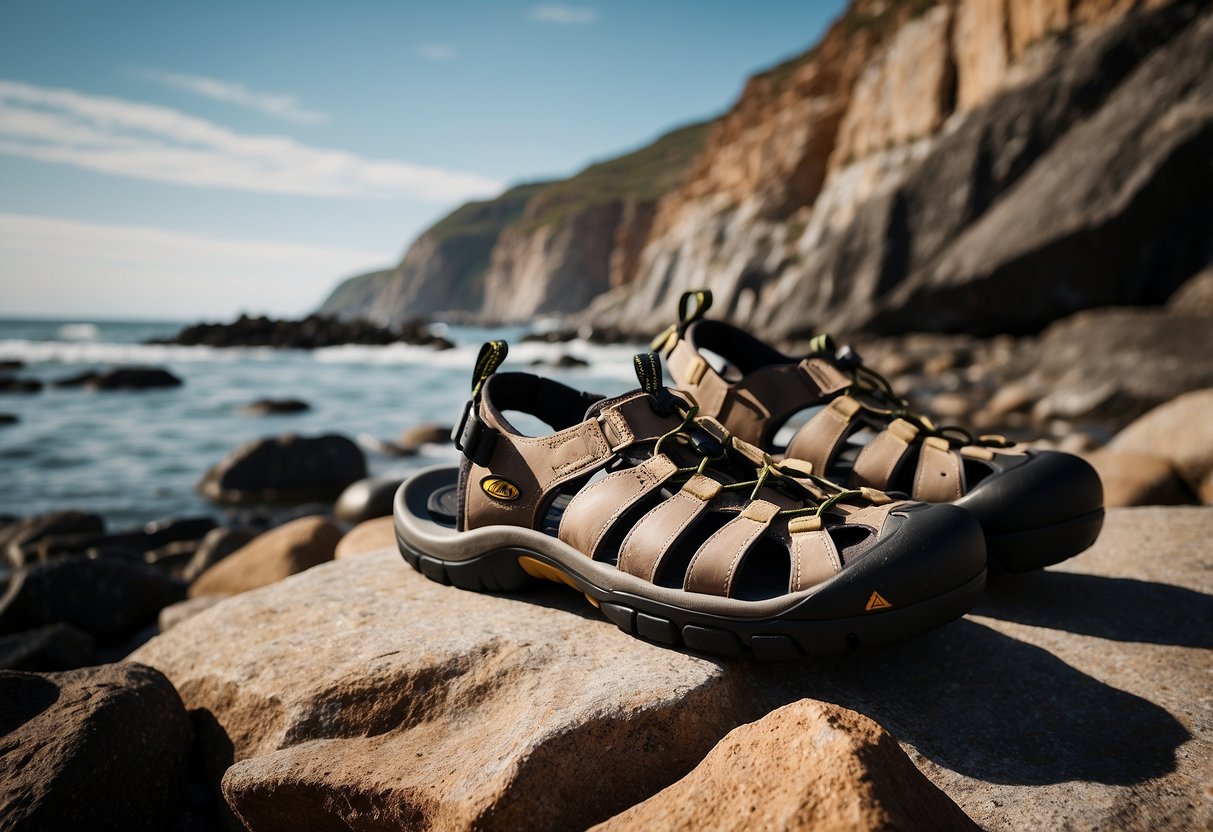 A rugged coastline with crashing waves and jagged rocks, a pair of Keen Newport H2 sandals standing on the rocky terrain, ready for boating adventure