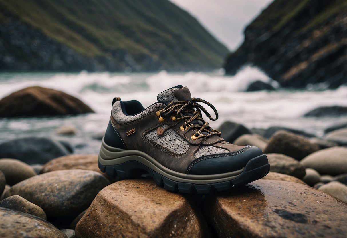 A rocky shoreline with waves crashing against the jagged terrain. A pair of sturdy boating shoes stands out against the rugged backdrop, showcasing their durability and grip