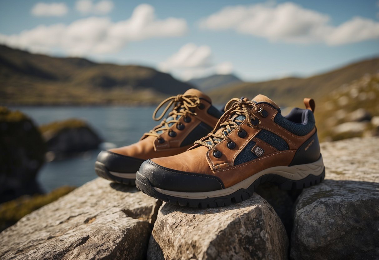 A pair of durable boating shoes on a rocky terrain, surrounded by water and a rugged landscape. The shoes are made of high-quality materials and designed for optimal grip and support