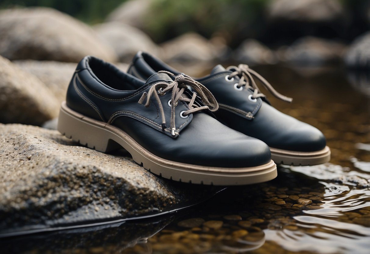 A pair of boating shoes being scrubbed clean with a brush, surrounded by rocky terrain. Five different styles of boating shoes are displayed nearby