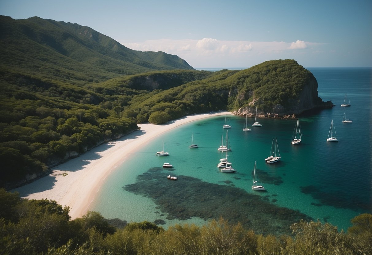 Crystal clear waters surround lush green islands, with sailboats gliding peacefully through the serene landscape. Rocky cliffs and sandy beaches dot the coastline, creating a picturesque boating paradise