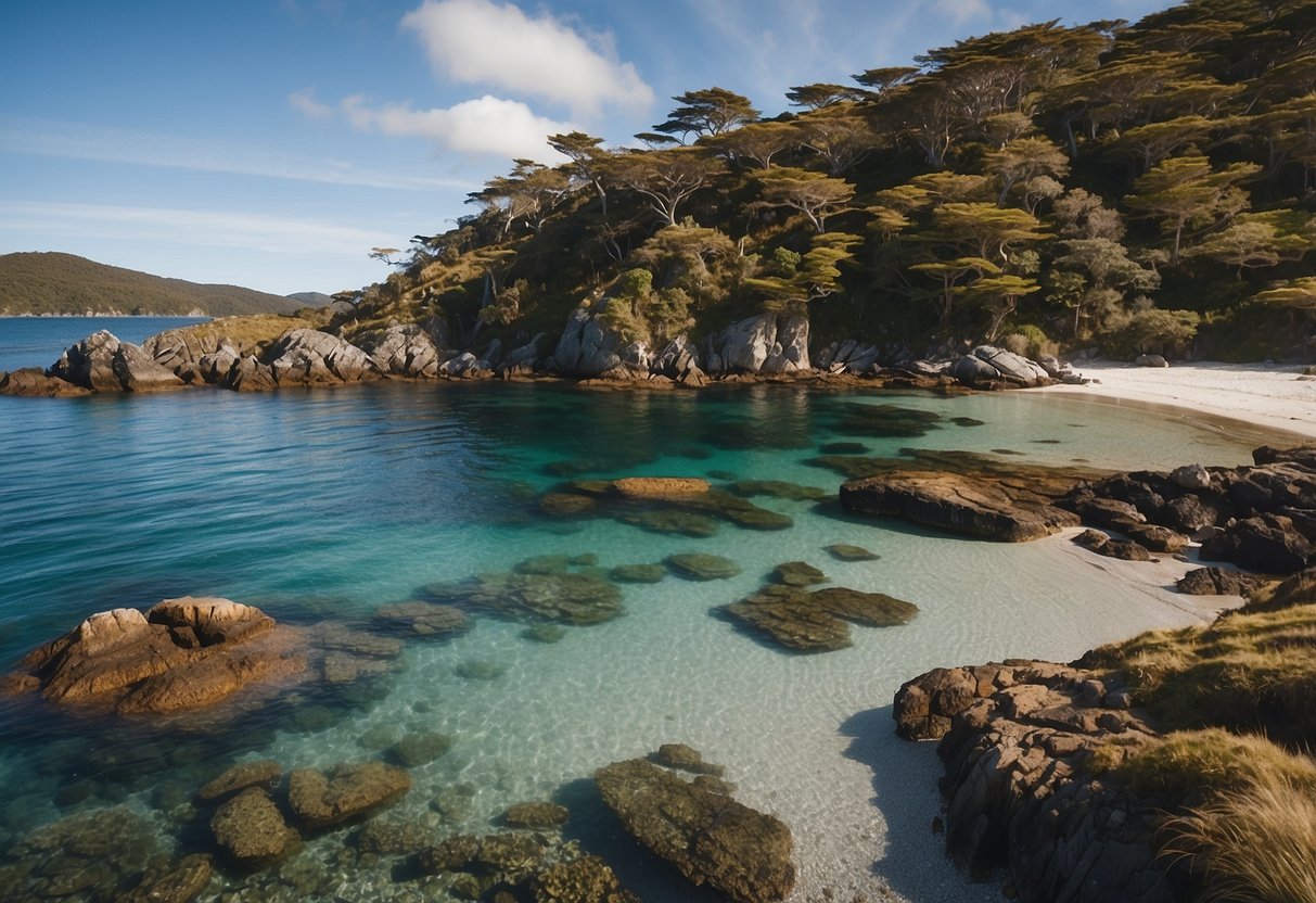 A calm bay with rugged coastline, clear blue waters, and a few small boats anchored near the shore on Stewart Island, New Zealand