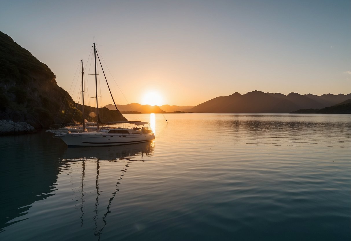 Clear skies and calm waters at sunrise on New Zealand's top boating spots. Ideal conditions for a serene and picturesque boating experience