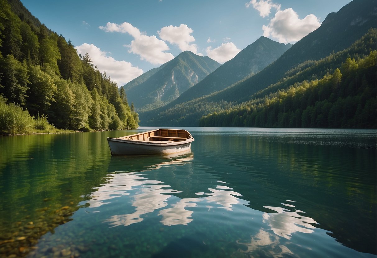 A tranquil lake surrounded by lush green mountains, with a small boat gliding across the clear water. A sign nearby displays boating safety regulations