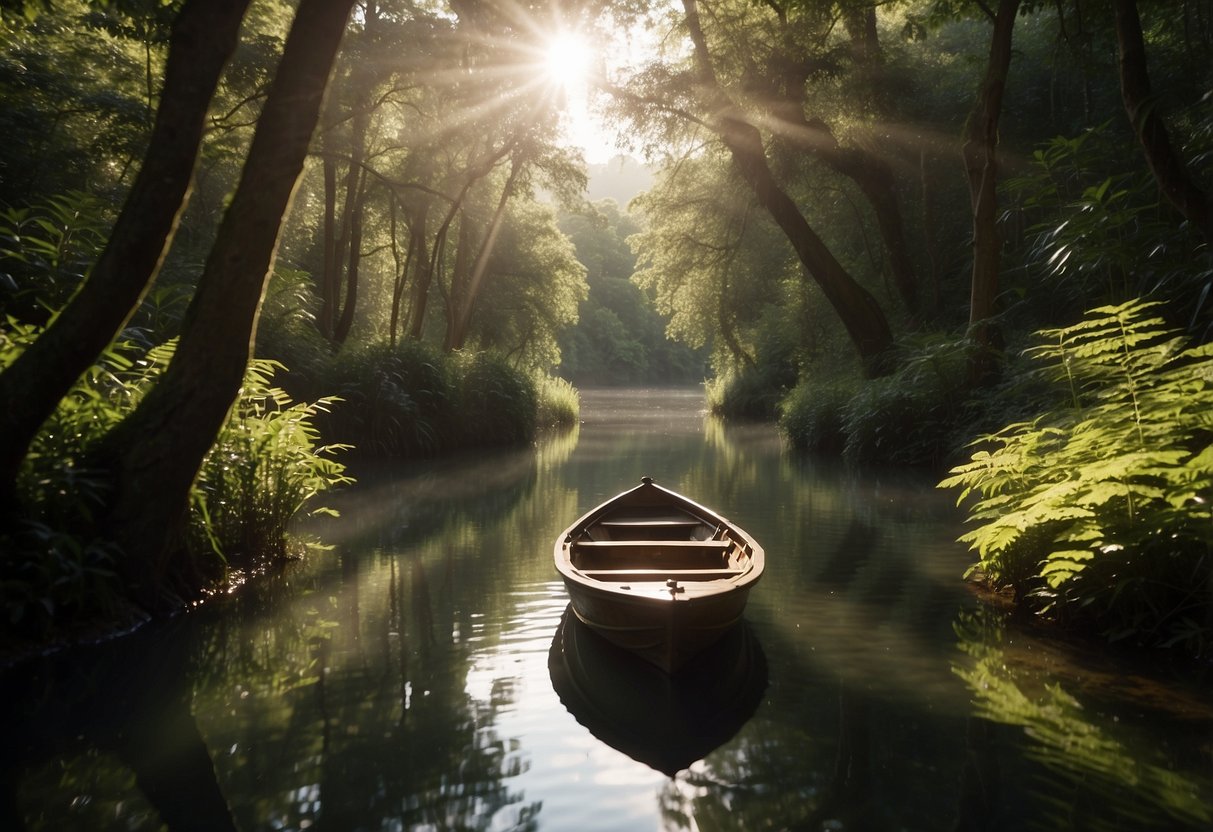 A small boat navigates through a narrow river surrounded by dense, lush vegetation. The sun shines through the trees, casting dappled shadows on the water. A map and compass sit on the boat's dashboard