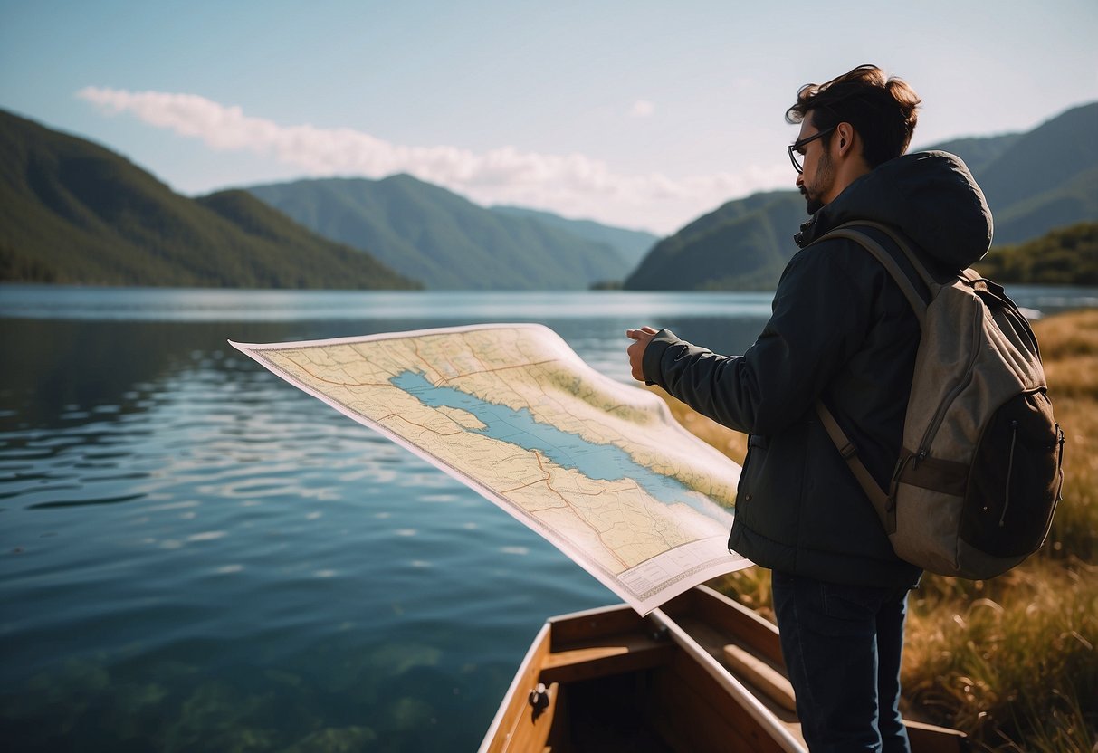 A person holding a detailed map while standing on a small boat in a remote area, surrounded by calm waters and distant land masses