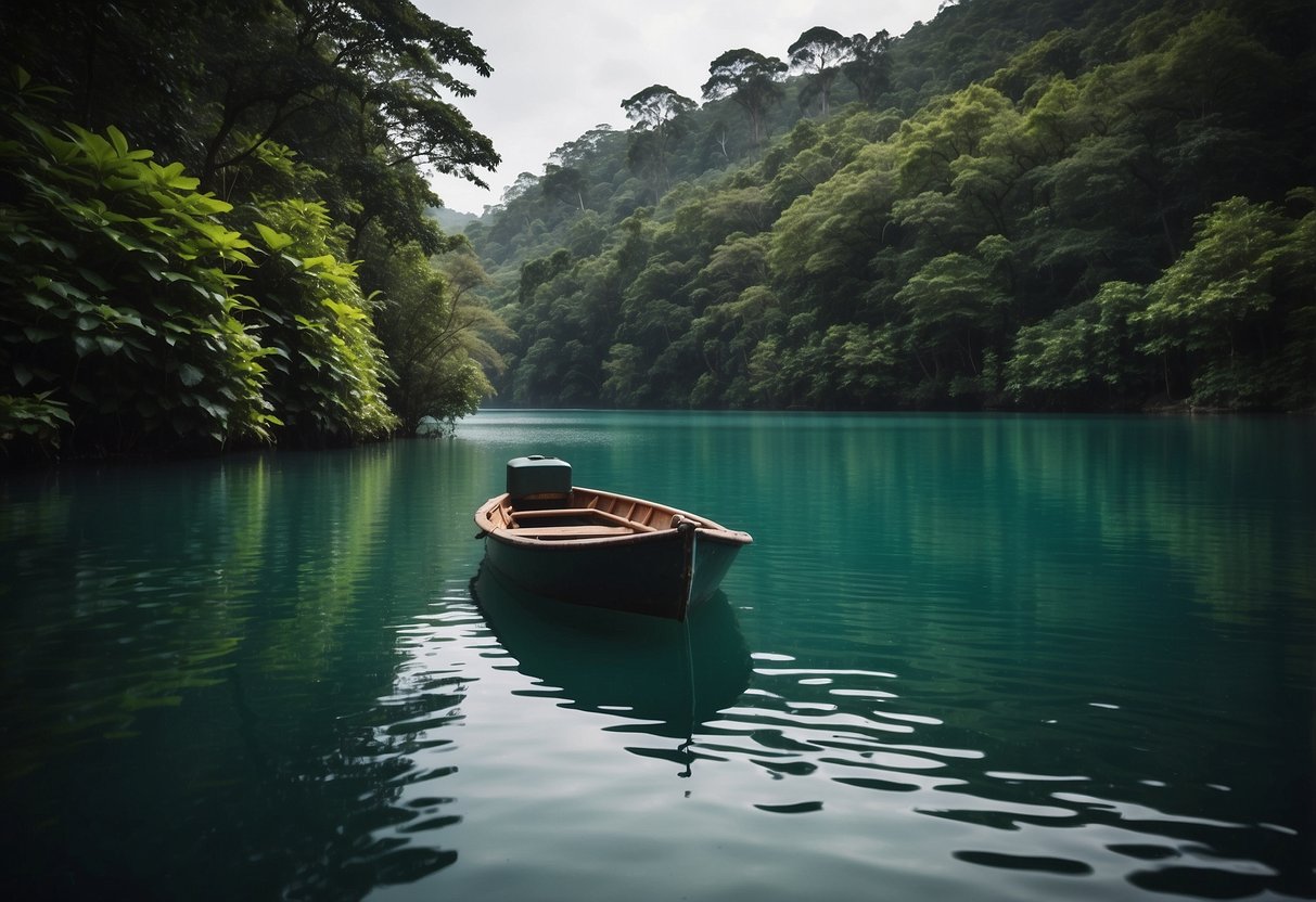 A small boat on a vast, calm body of water, surrounded by dense, lush greenery. A fuel canister is prominently displayed on the boat, emphasizing the importance of being prepared in remote areas