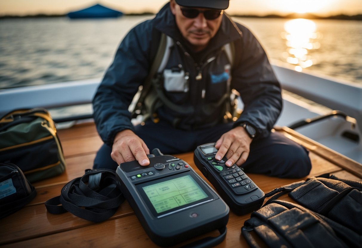 A person places a satellite phone in a waterproof bag on a boat deck, surrounded by a map, compass, and emergency supplies