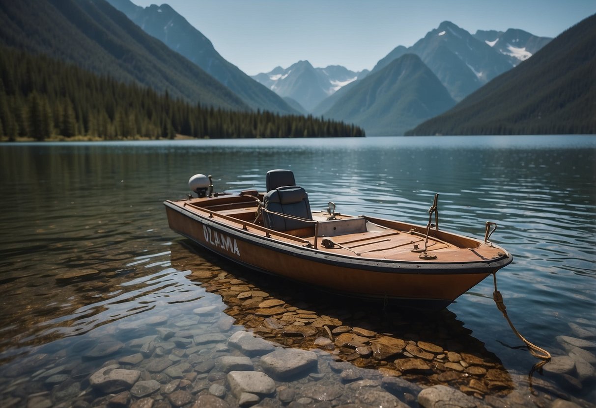 A boat in a remote area, surrounded by water and mountains. A distress signal is being sent out, with flares or a radio antenna visible