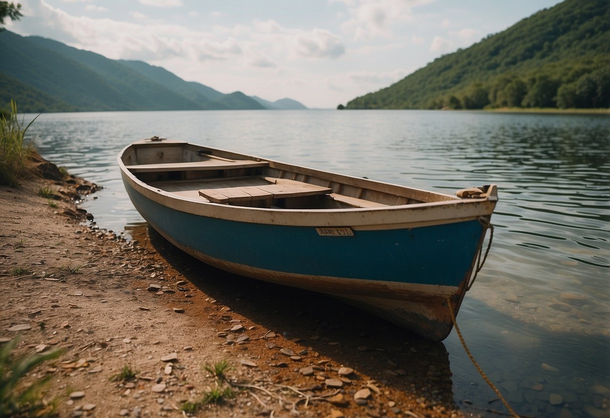 A boat docked on a secluded shore, with extra water and food supplies stacked neatly on board. The surrounding landscape is wild and untouched, with no signs of civilization in sight