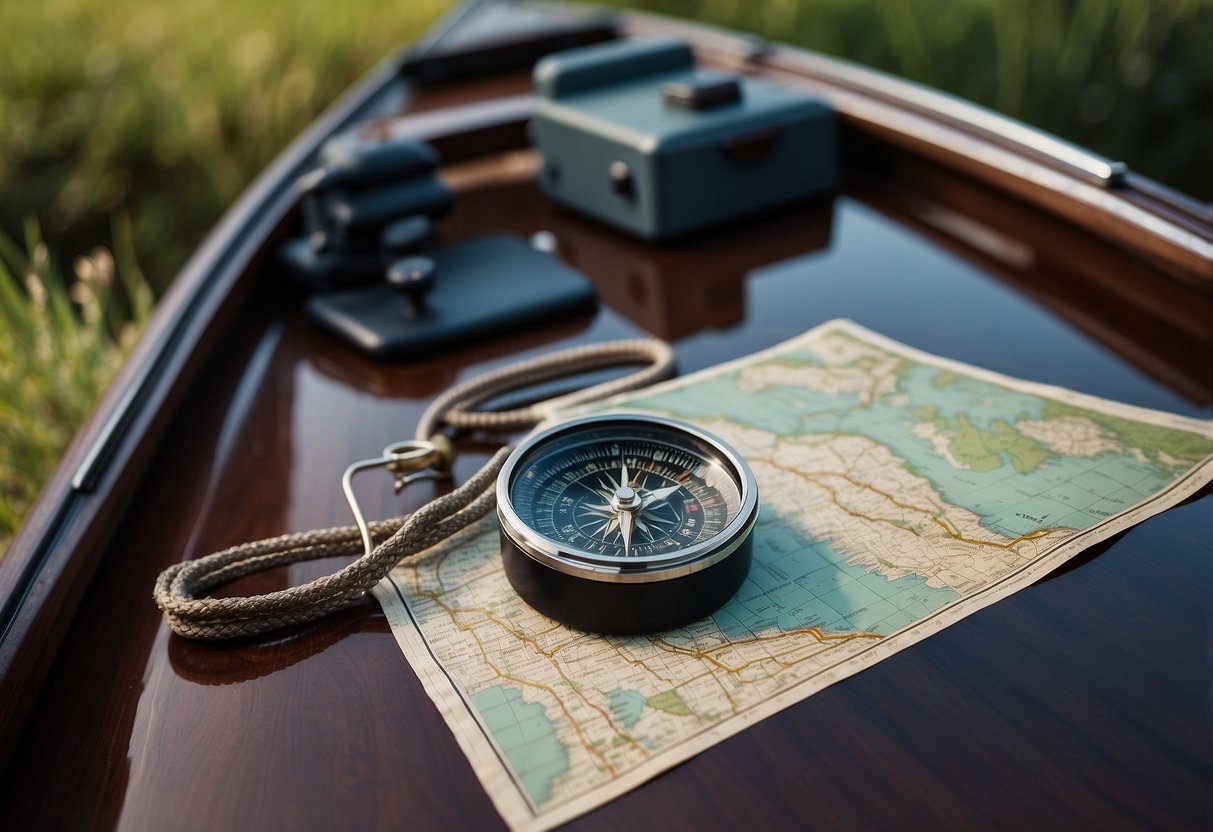 A boat anchored in a remote area, surrounded by calm waters and lush greenery. A map and compass lay on the deck, with a checklist of essential items for the trip