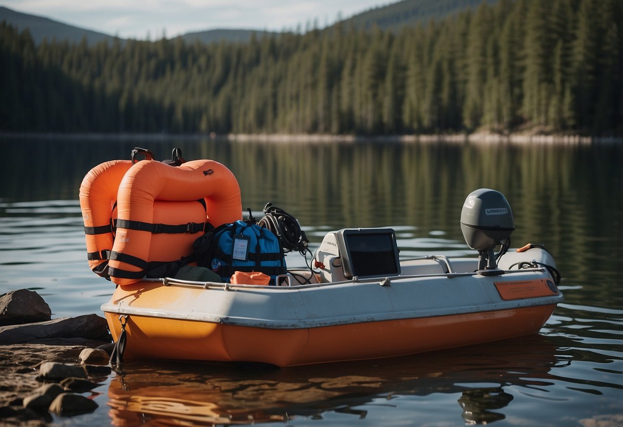 A boat anchored in a remote area, with life jackets and emergency supplies visible. A map and communication devices are nearby. The scene is calm and peaceful, with a sense of preparedness and safety