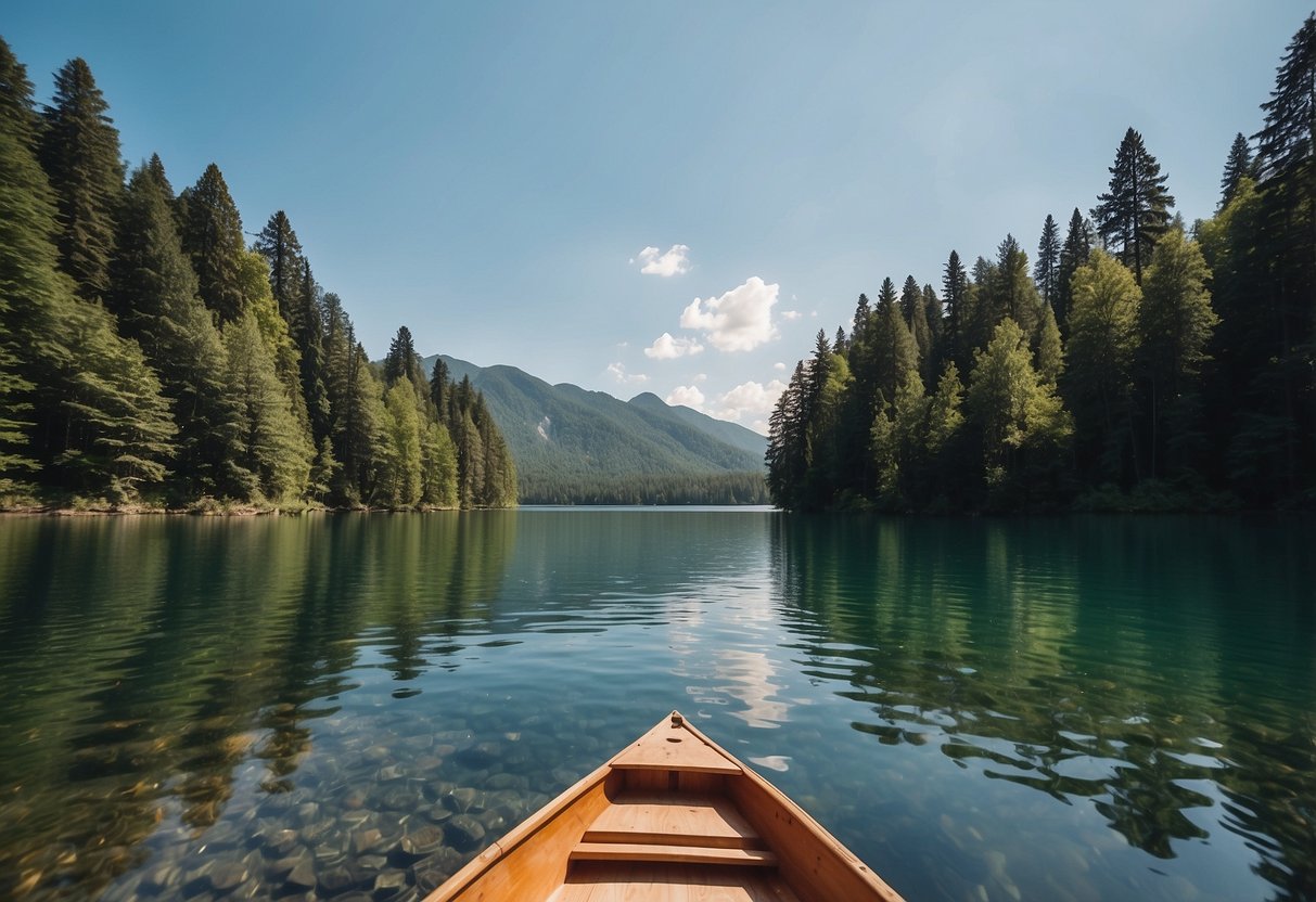 A serene lake surrounded by lush forests, with a small boat gliding peacefully across the water. A clear blue sky overhead, and the only sound is the gentle lapping of the waves against the boat