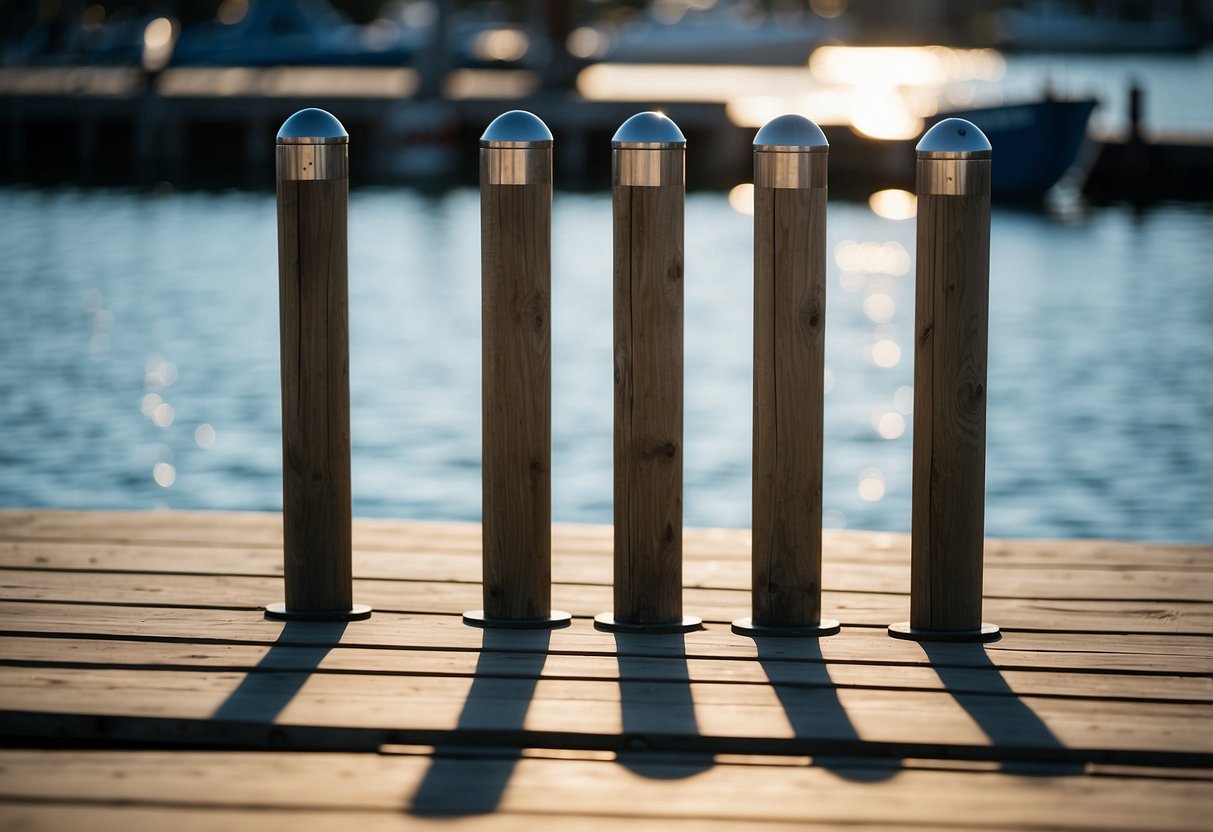 Five boating poles laid out on a dock, with the sun shining down on them and the water in the background