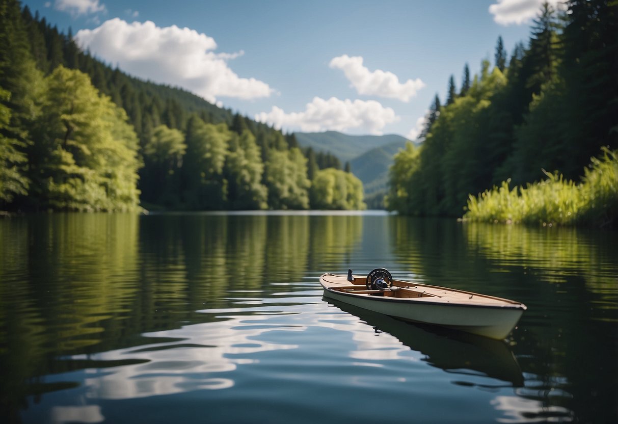 A tranquil lake with a small boat, surrounded by lush greenery, and a Daiwa BG Spinning Rod 5 in action, casting out into the water