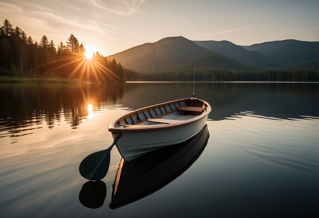 A calm lake with a small boat and a sleek Okuma Celilo Graphite Lightweight Rod. The sun is setting, casting a warm glow on the water