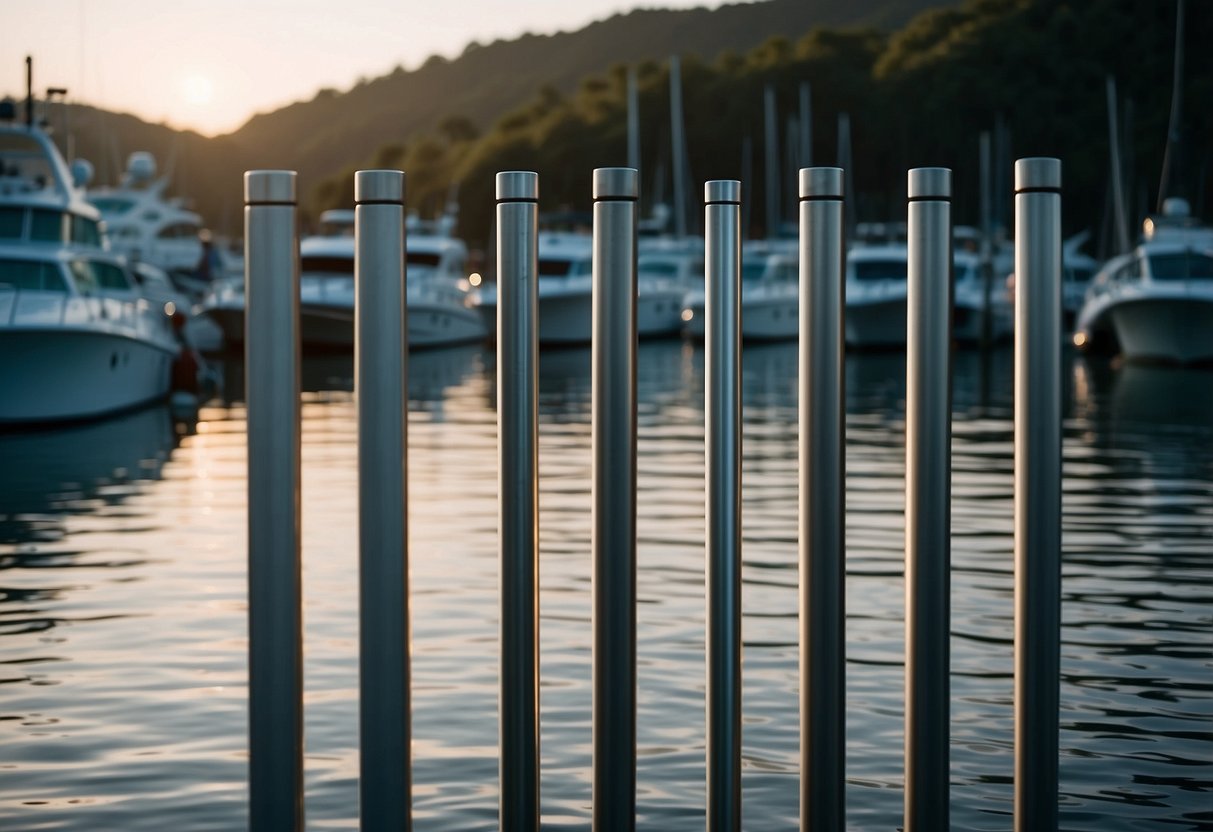 Five lightweight boating poles lay against a backdrop of water and boats, showcasing their durable materials and sleek design