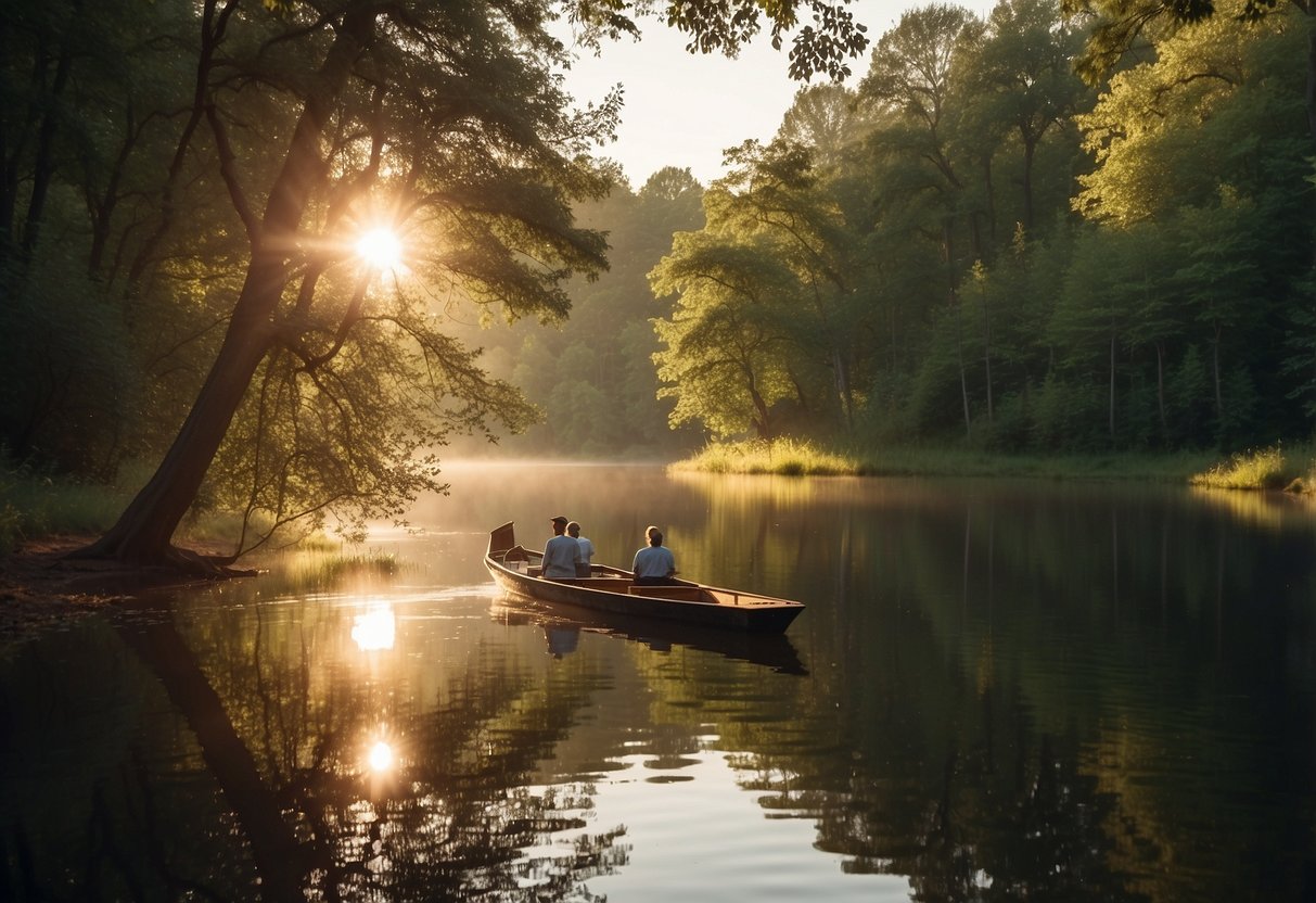 Sunlight sparkles on the water's surface as a boat glides through a serene, tree-lined river. Birds chirp and flutter overhead, while the gentle sound of the water lapping against the boat creates a peaceful atmosphere