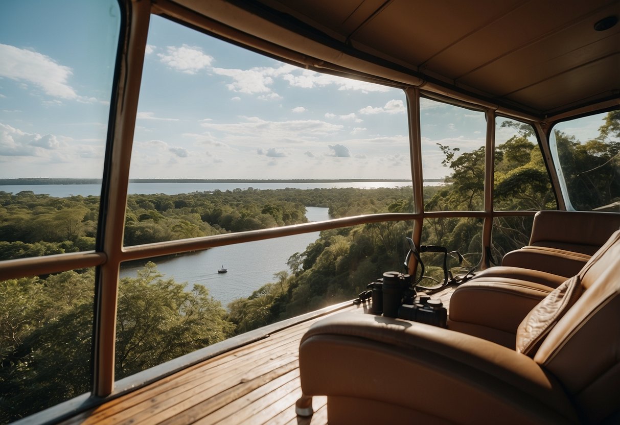 A boat glides through calm waters, surrounded by lush greenery and diverse bird species. Binoculars and a field guide are laid out on the deck, ready for use