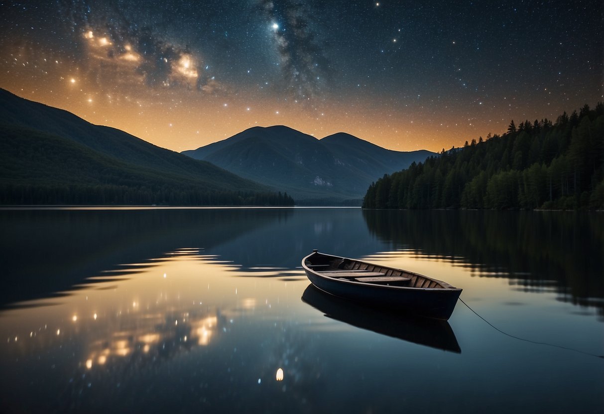 A boat floats on calm water under a starry sky. The stars twinkle above, reflecting on the water's surface. The boat is surrounded by nature, offering a peaceful and serene atmosphere for stargazing