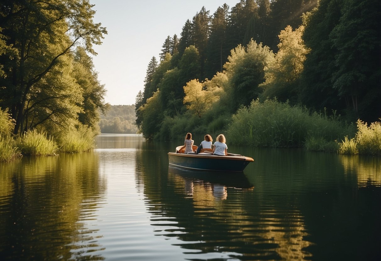 A boat glides through a tranquil lake, surrounded by lush greenery and diverse wildlife. Birds soar overhead, fish jump out of the water, and a family of ducks swims alongside the boat