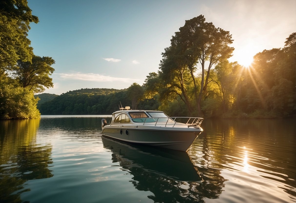 A boat glides through calm water, surrounded by lush greenery and colorful wildlife. The sun casts a warm glow on the scene, creating a tranquil and serene atmosphere