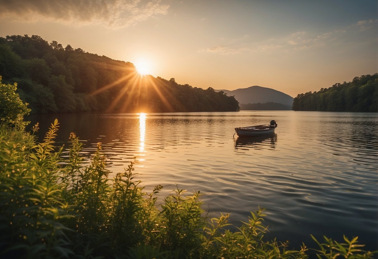 A serene lake surrounded by lush greenery, with a boat gently gliding through the calm waters. The sun is setting, casting a warm, golden glow over the scene. Wildlife can be seen in the distance, adding to the peaceful ambiance