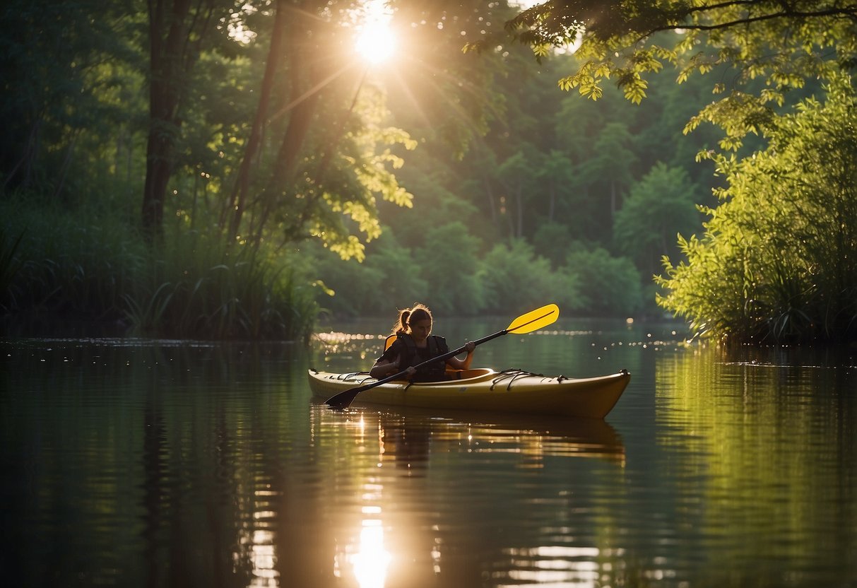 A kayak glides through calm waters, surrounded by lush greenery and wildlife. The sun casts a warm glow on the scene, creating a peaceful and serene atmosphere