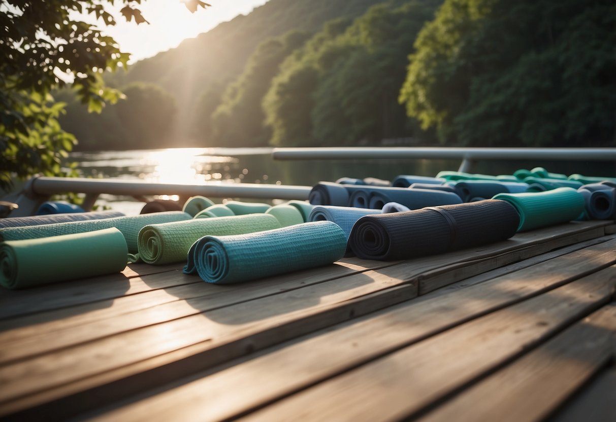 Yoga mats on a boat deck, surrounded by calm water and lush greenery. The sun shines down, creating a peaceful and serene atmosphere for a floating yoga session