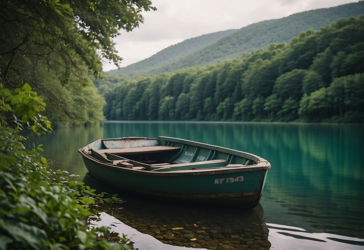 A serene lake with a boat surrounded by lush greenery and wildlife. Trash bags and cleaning equipment are visible on the boat, indicating an environmental cleanup project in progress