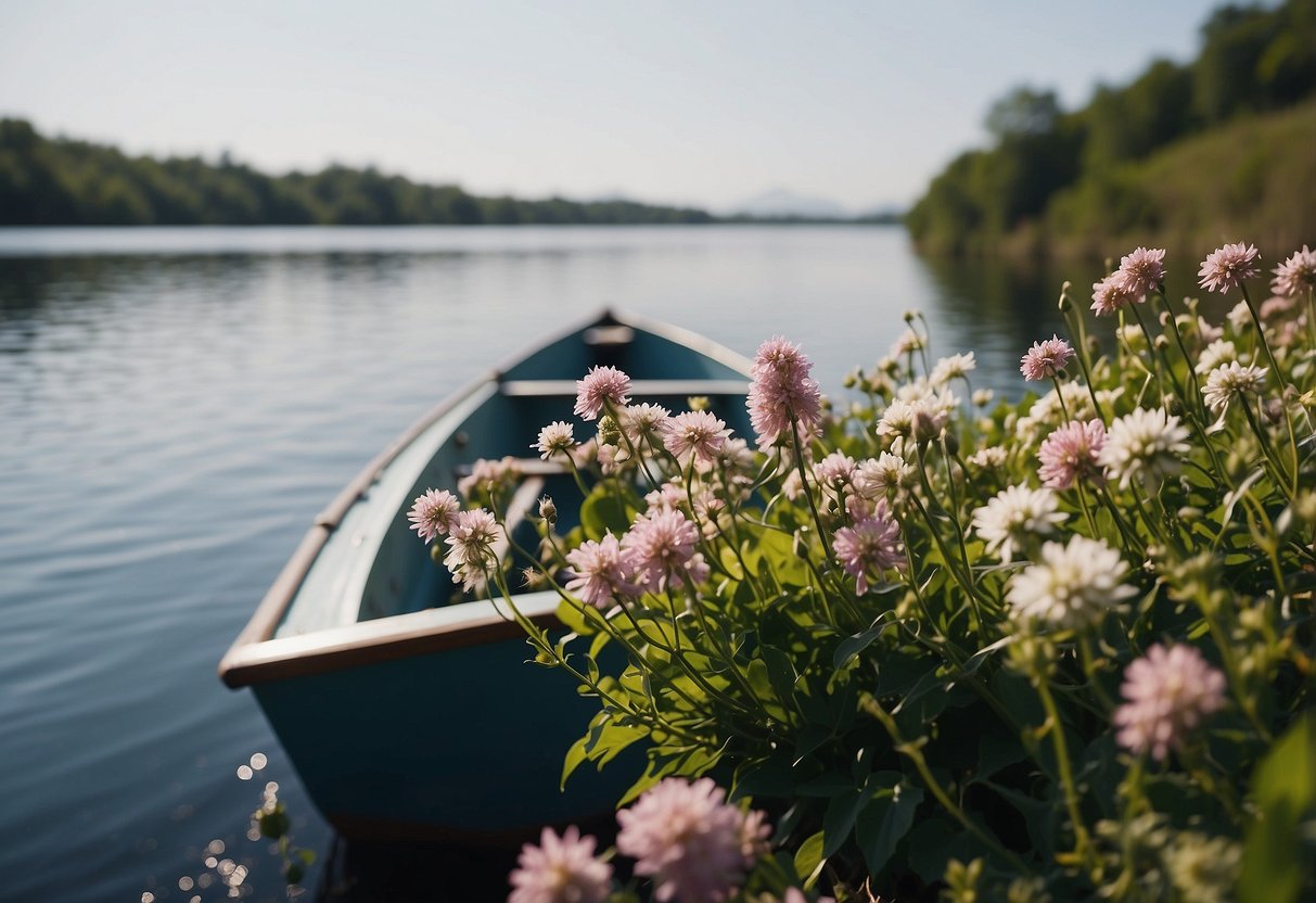 Lush flowers line the water's edge as a boat glides by, showcasing the beauty of nature on a floral identification walk