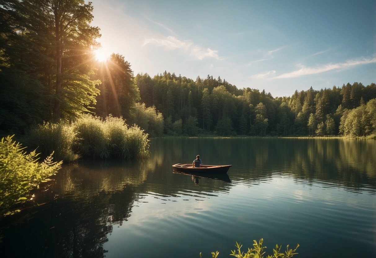 A serene lake surrounded by lush greenery, with a boat peacefully gliding across the water. The sun is shining, creating a warm and inviting atmosphere