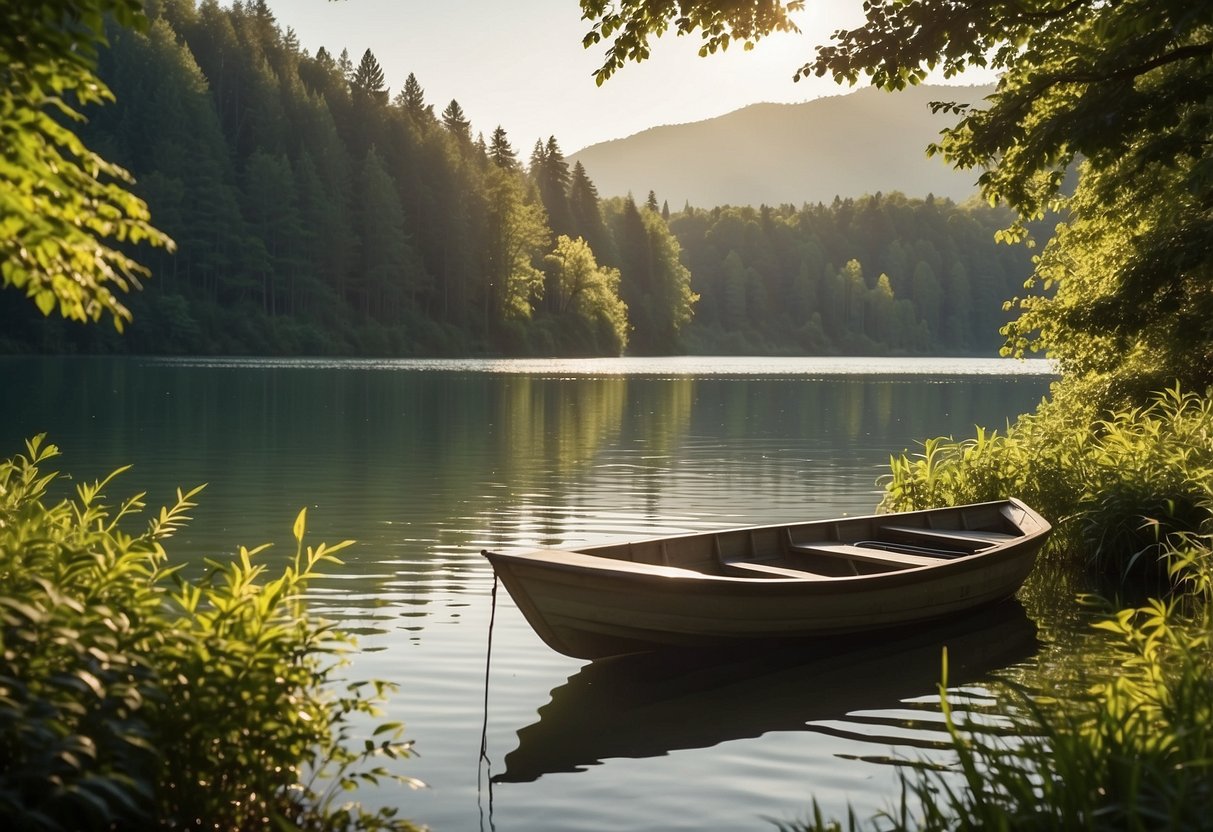 A serene lake surrounded by lush greenery, with a small boat peacefully gliding across the water. The sun is shining, creating a warm and tranquil atmosphere