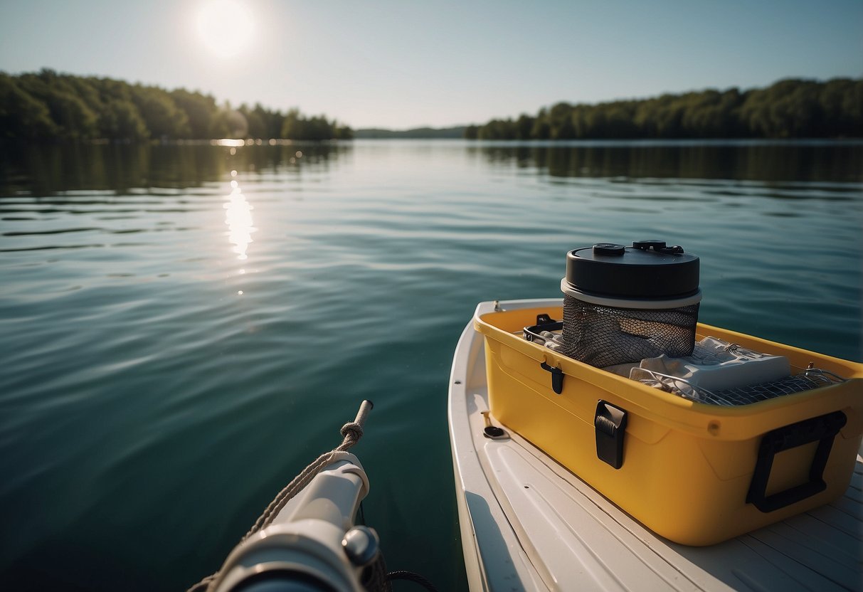 A boat on calm water, with a fishing rod in the holder and a cooler on deck. Insects buzzing around, but the boat is equipped with bug repellent and screens to keep them at bay