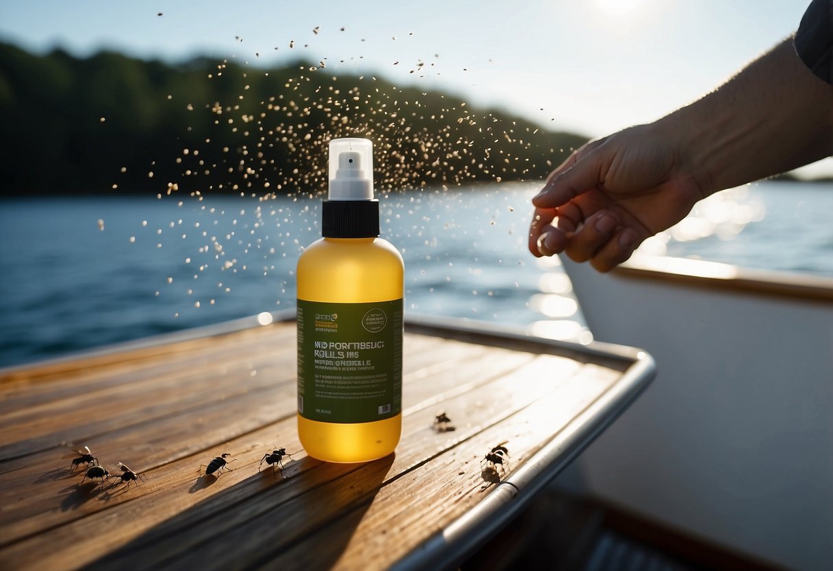 A person spraying insect repellent on a boat deck surrounded by buzzing insects