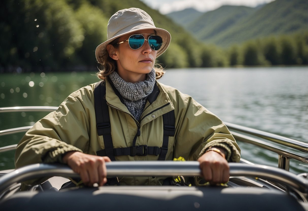 A person wearing insect-repellent clothing while boating. Surrounding them are various types of insects, such as mosquitoes and flies, being repelled by the clothing