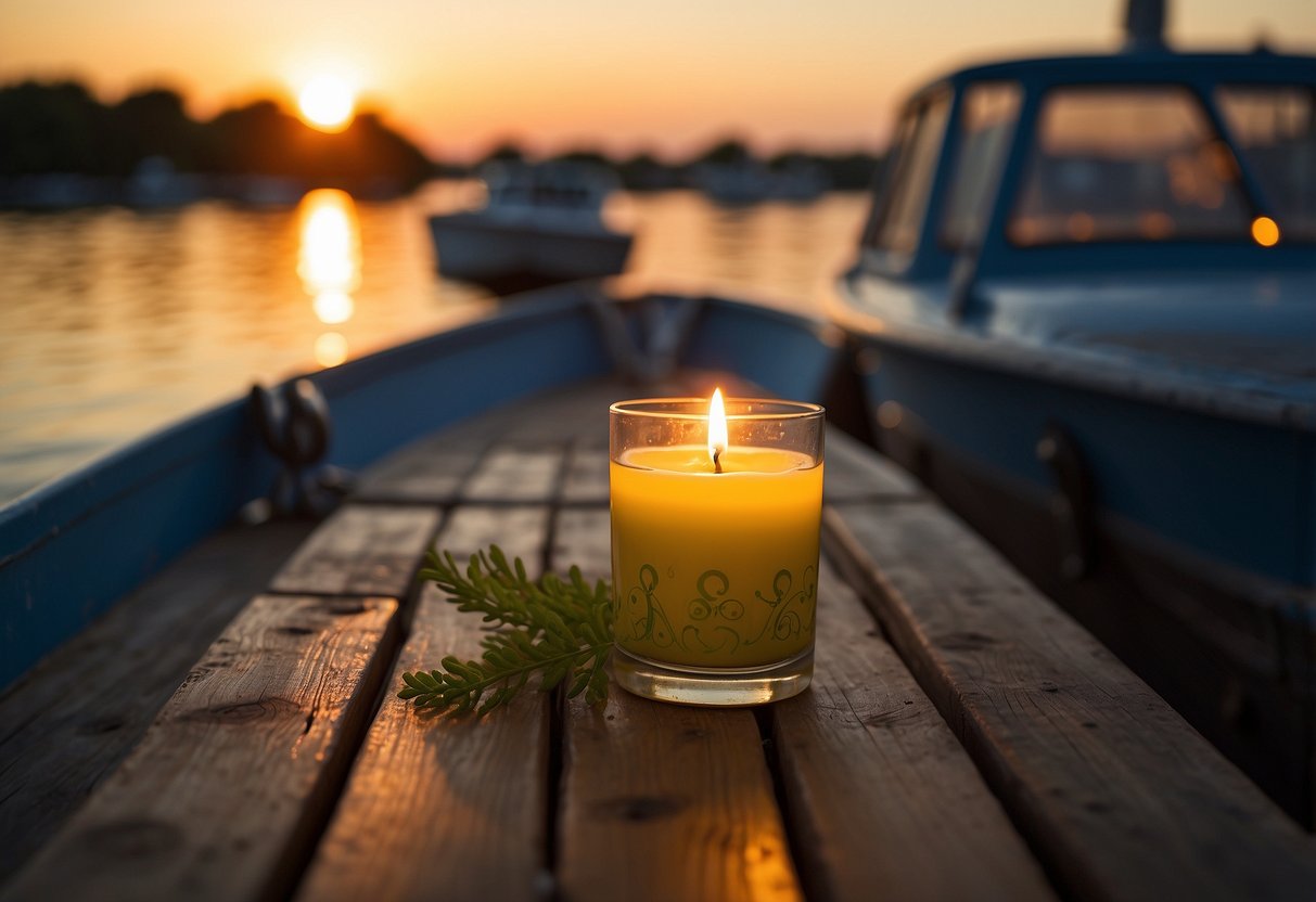 Citronella candles placed on a boat deck, repelling insects. Water surrounds the boat, and the sun sets in the background