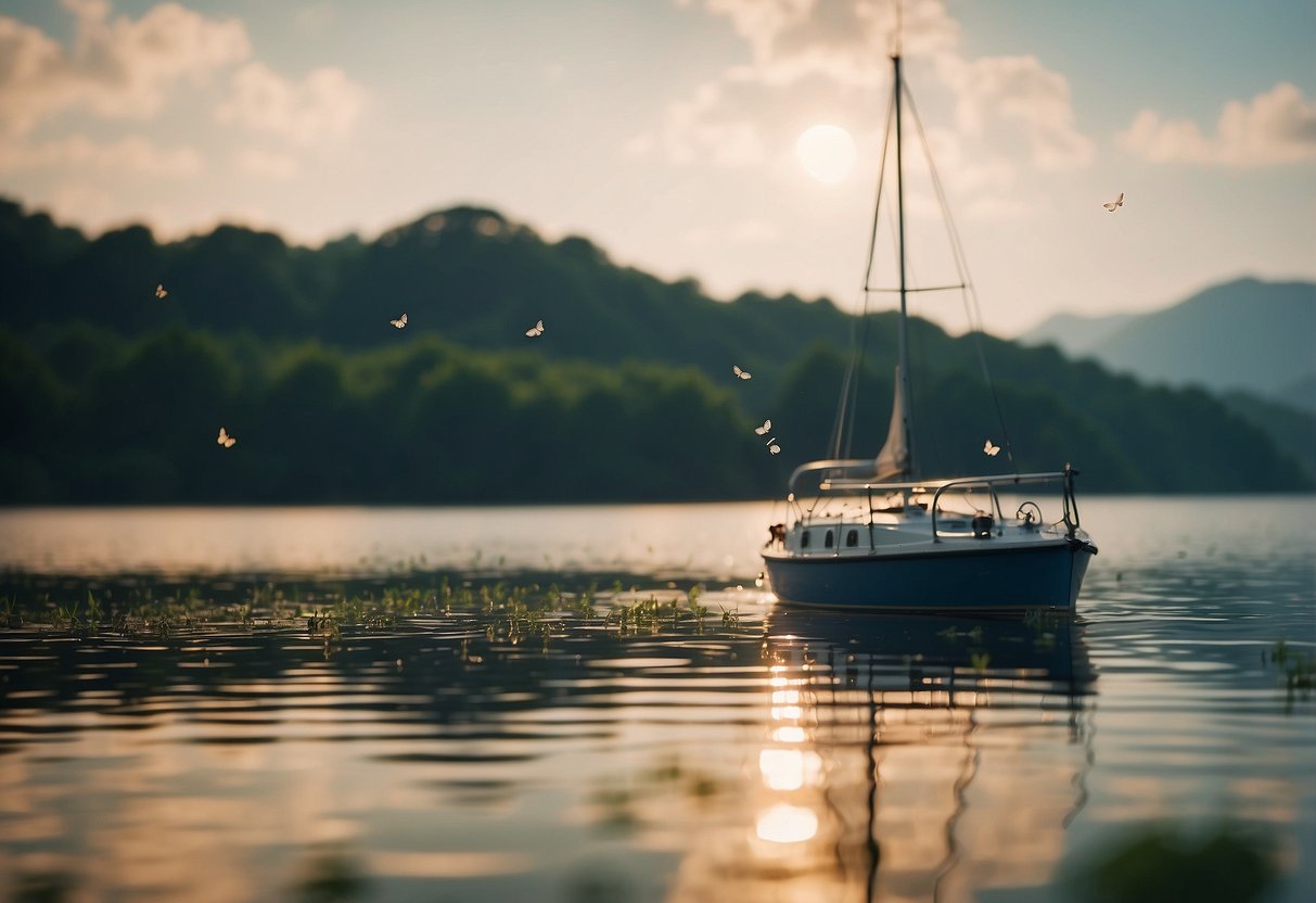 A boat sailing past still water, surrounded by buzzing insects