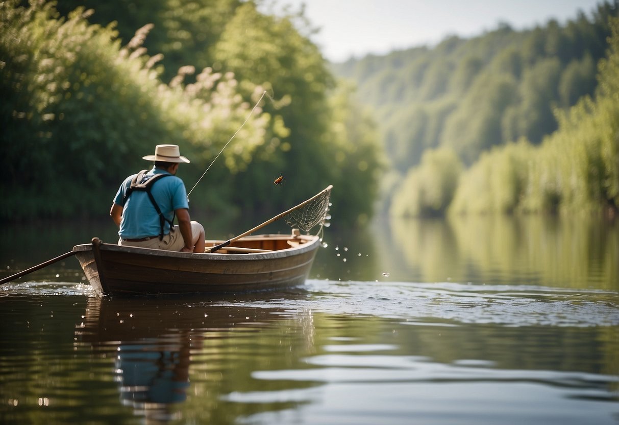 A boat on a calm river with insects flying around. A person holding a bug spray and a net. Insects on the water and vegetation