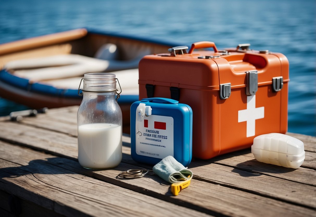 A bright, sunny day on a calm blue lake. A small boat with a white first aid kit on deck, surrounded by fishing gear