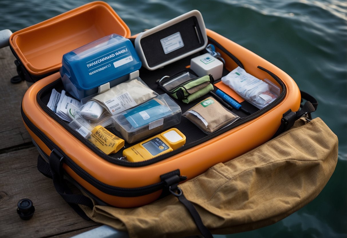 A small boat on choppy waters, with a compact first aid kit secured to the deck. The kit is labeled "Adventure Medical Kits Ultralight/Watertight .7" and is surrounded by other boating essentials