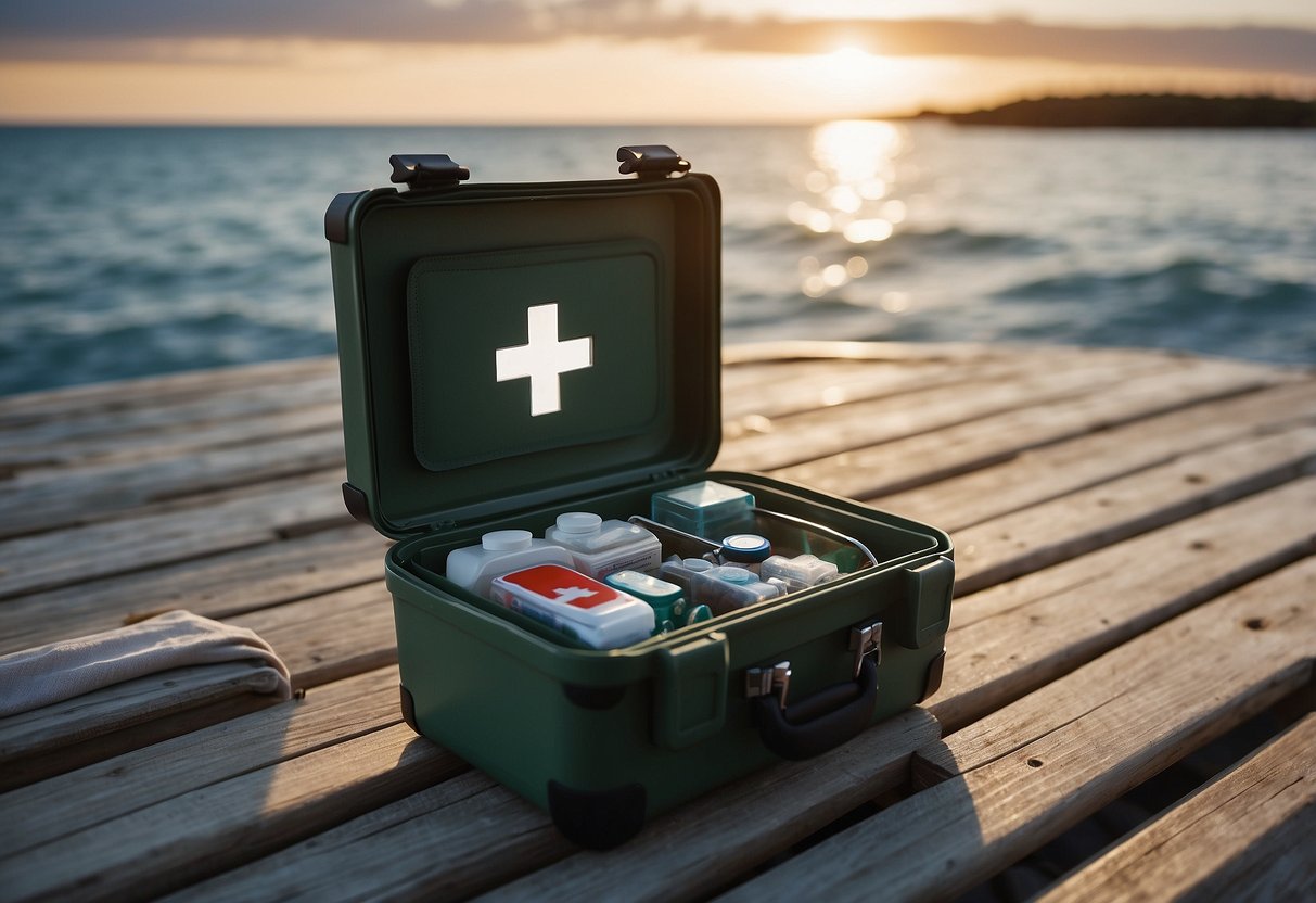 A small first aid kit sits on a boat deck, with the ocean in the background. The kit is open, showing its contents