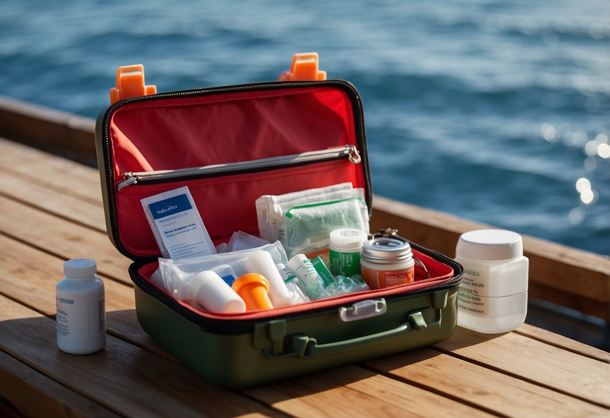 A compact first aid kit with essential supplies, labeled "Medic The Solo," sits on a boat deck. The kit is lightweight and designed for boating emergencies