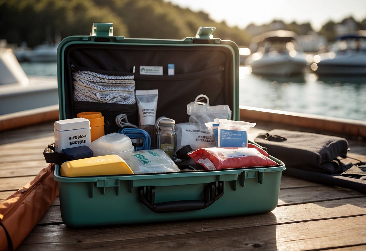 A waterproof first aid kit sits on a boat deck, surrounded by boating essentials. The sun shines down on the kit, highlighting its durable exterior