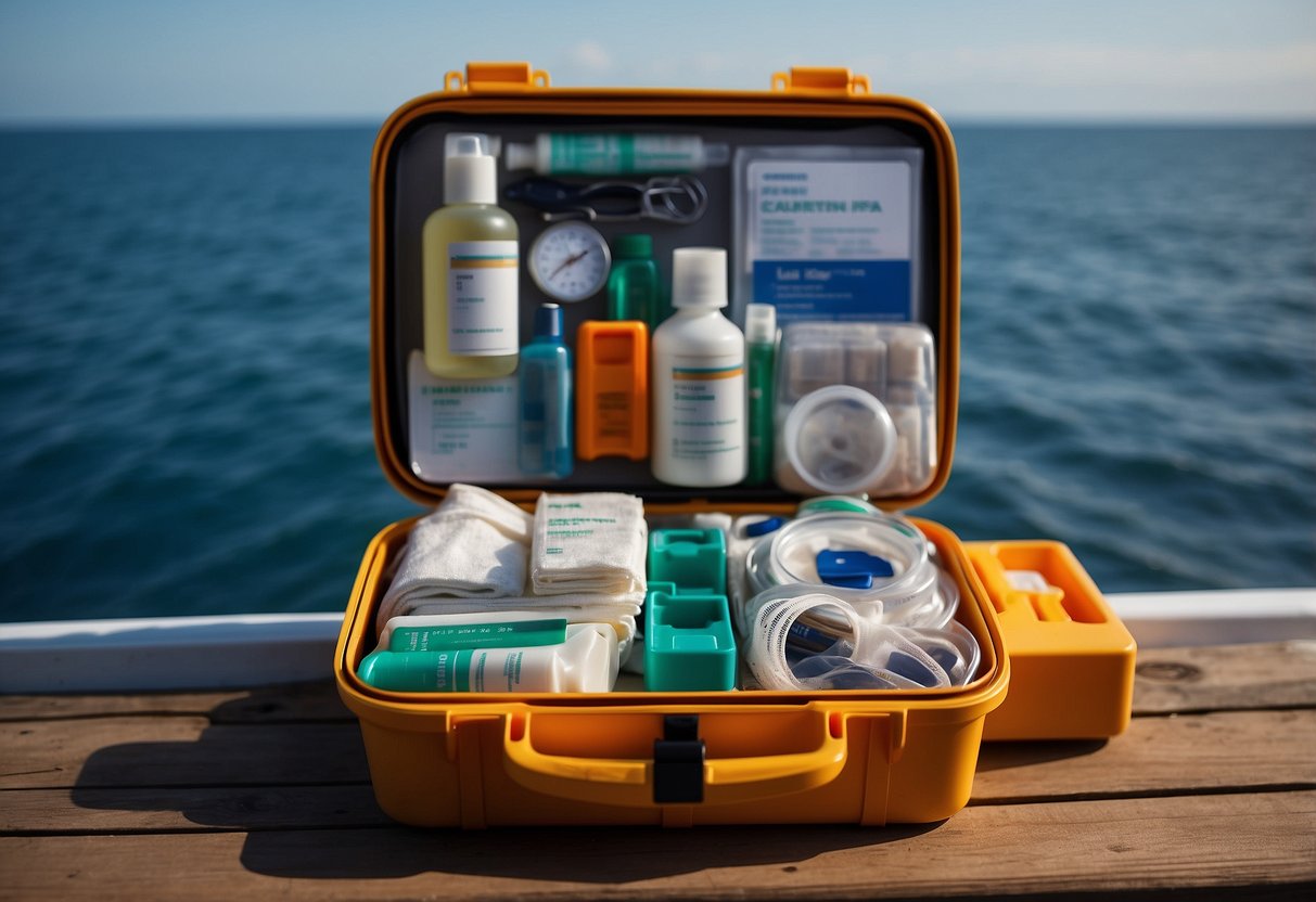 A compact first aid kit on a boat deck, with a clear view of the ocean in the background. The kit is open, displaying neatly organized medical supplies