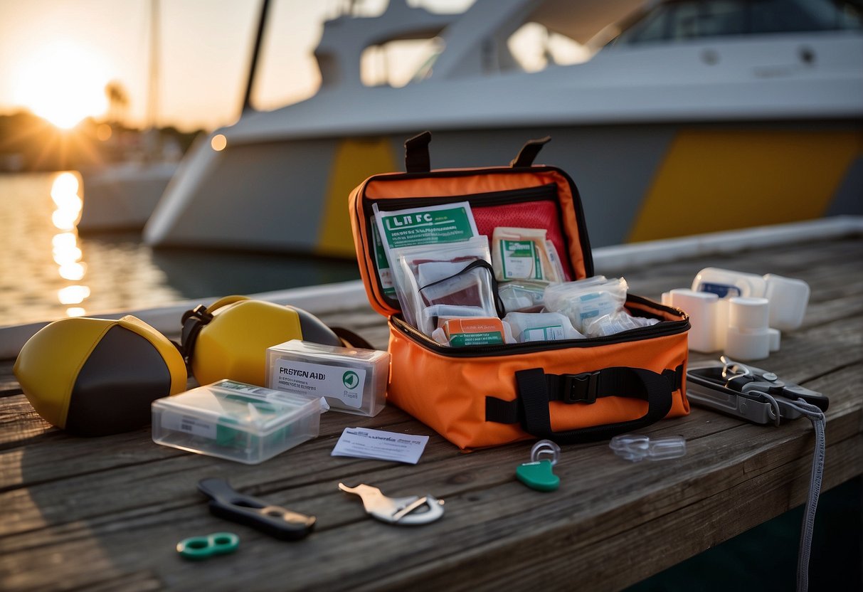 A compact first aid kit sits on a boat deck, next to a life jacket and emergency supplies. The kit is lightweight and easily accessible for boaters in need of medical assistance